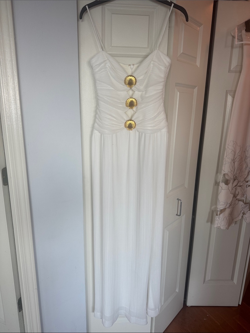 Rebecca Vallance White Maxi Dress with Gold Shell Accents